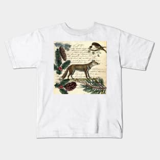 dark academia nordic scandinavian bird primitive christmas pine tree red fox Kids T-Shirt